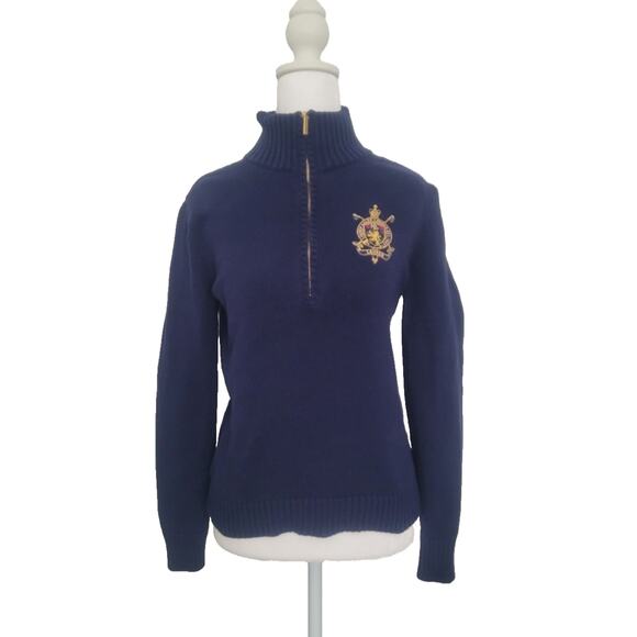Lauren Ralph Lauren Quarter Zip Equestrian Sweater Size S Blue Big Logo Preppy - Picture 1 of 7